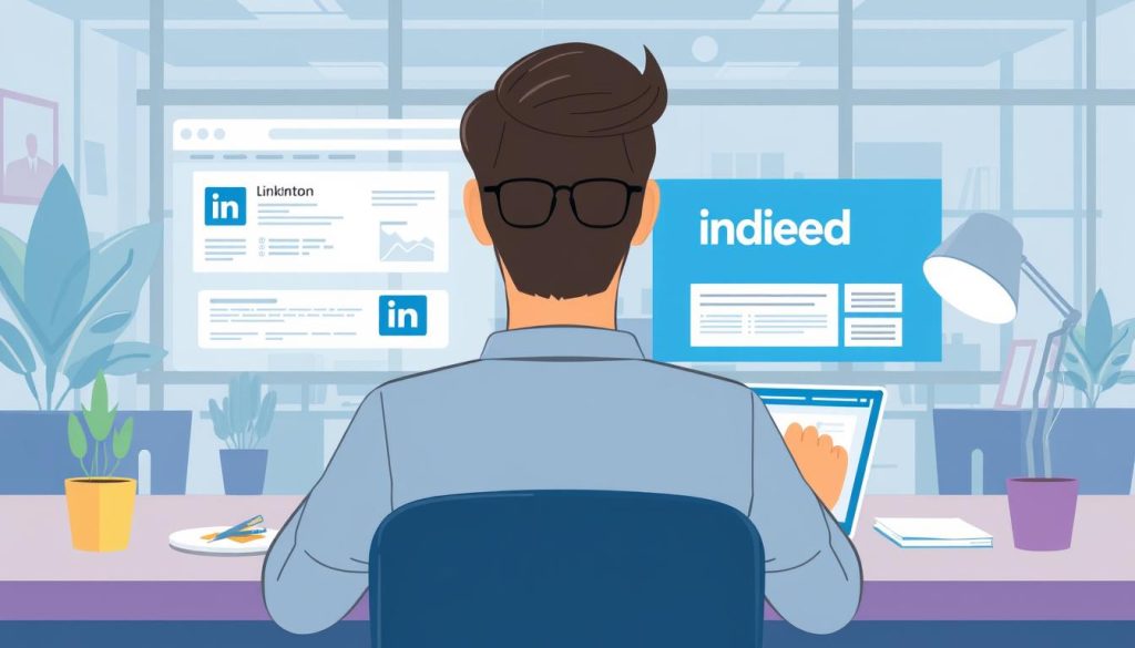 Generate an image of a person searching for jobs on LinkedIn and Indeed