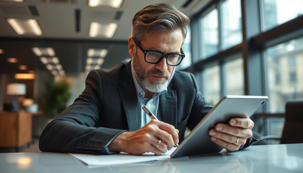 Generate an image of a person signing a contract digitally.