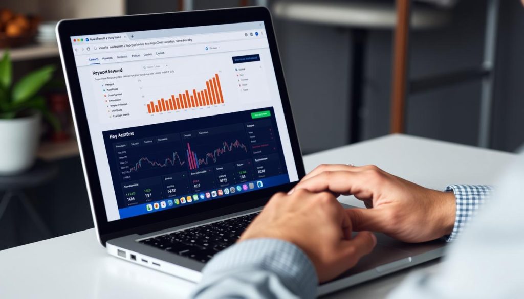 Generate an image of a person using WordStream's Free Keyword Tool on their laptop