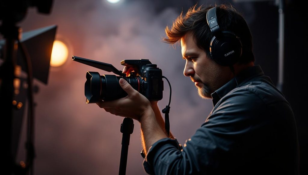 Generate an image of a photographer capturing a moment, with a camera and lighting equipment.