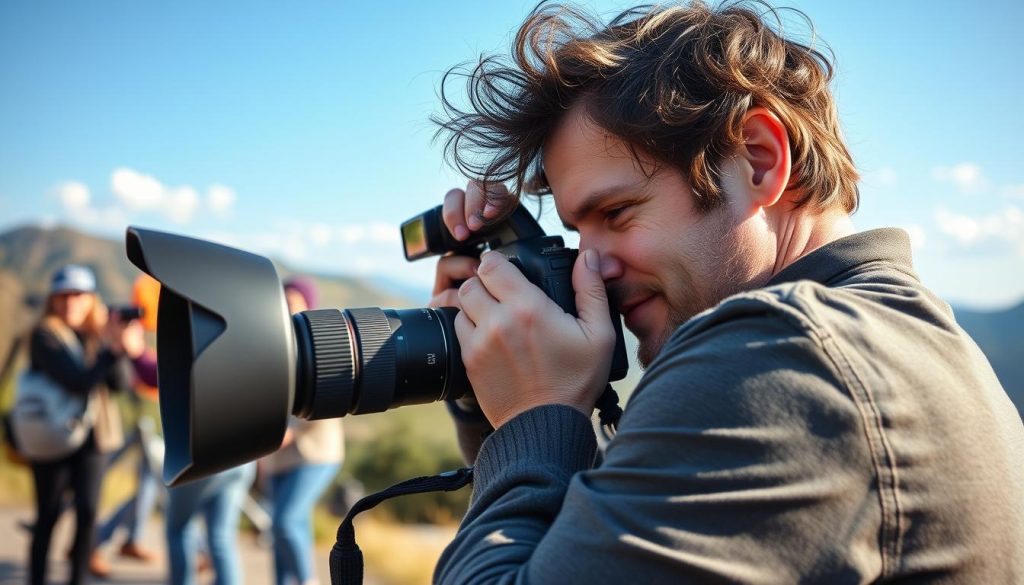 Generate an image of a photographer taking a stock photo