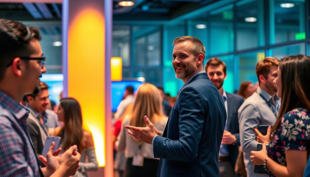 Generate an image of a professional attending a networking event