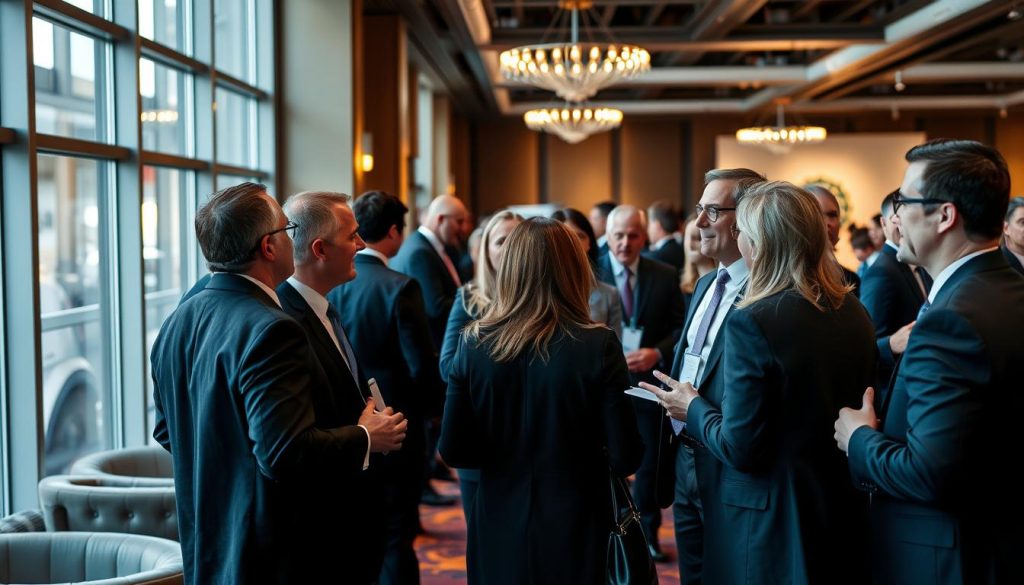 Generate an image of a professional networking event with industry veterans and thought leaders