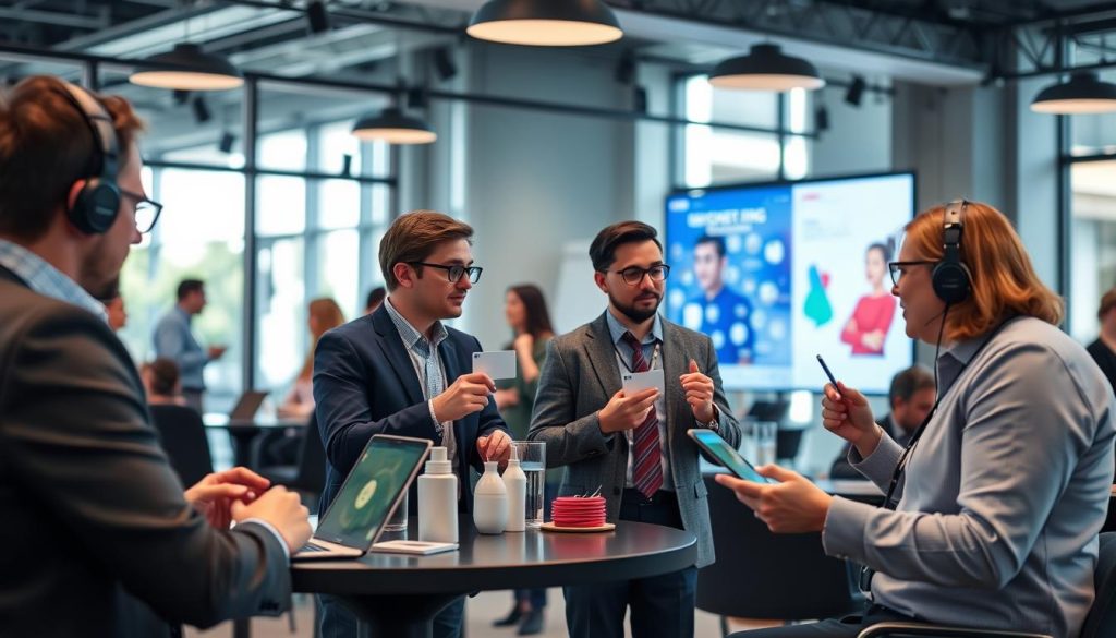 Generate an image of a professional networking event with remote workers
