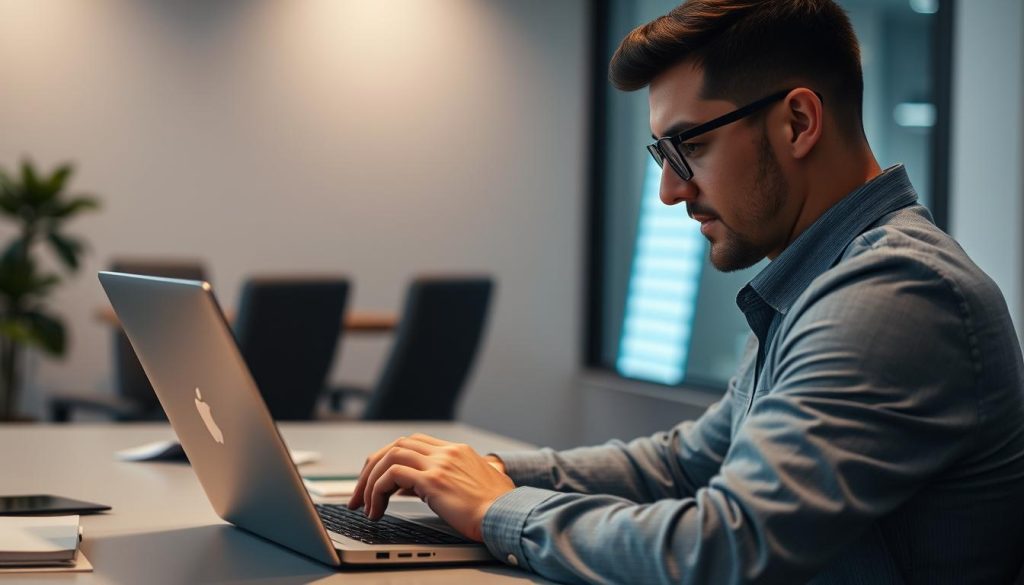 Generate an image of a professional optimizing their LinkedIn profile on a laptop.