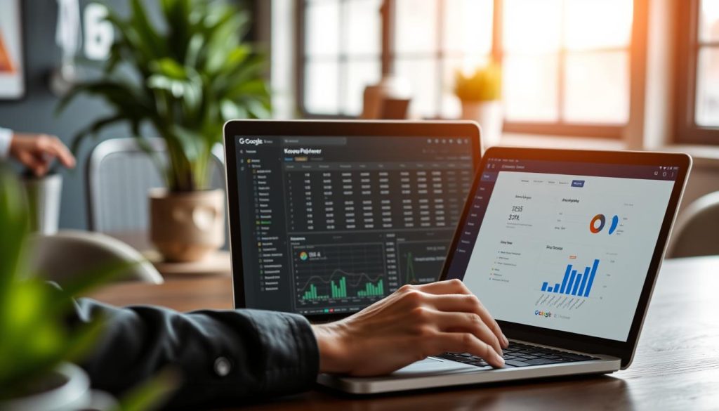 Generate an image of a professional using Google Keyword Planner on a laptop