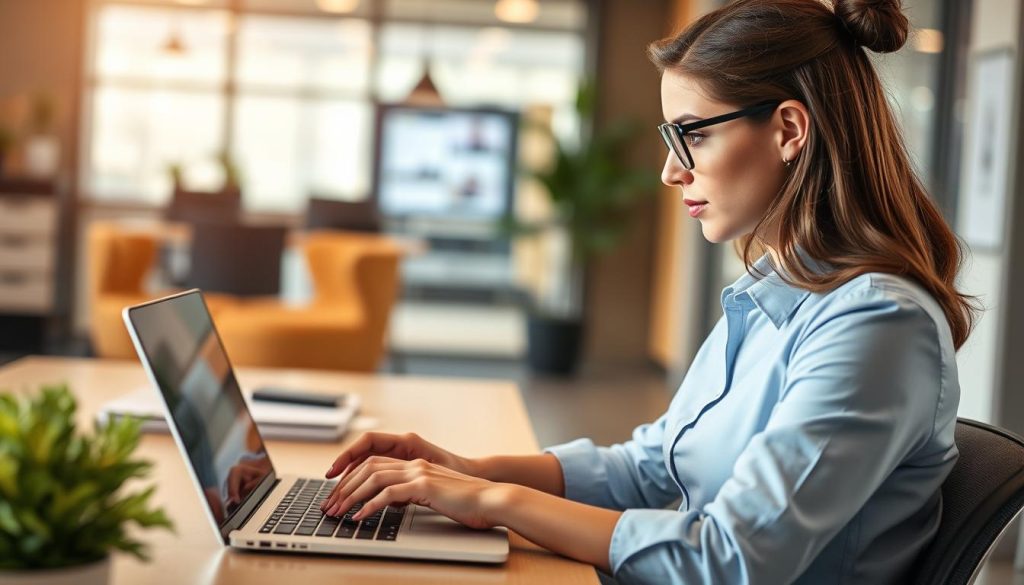 Generate an image of a professional using a client management tool on their laptop