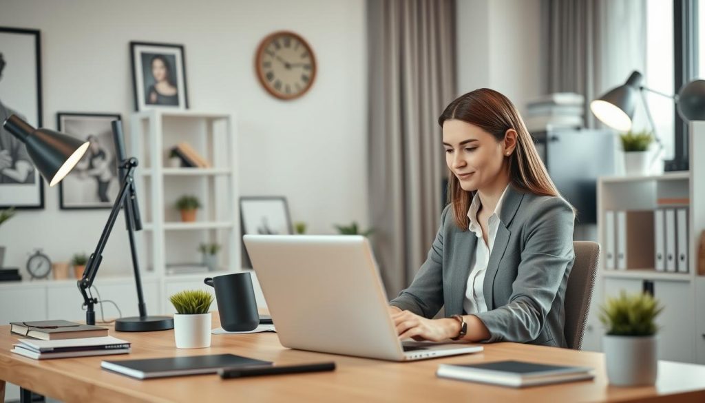 Generate an image of a professional using a laptop in a home office setting.