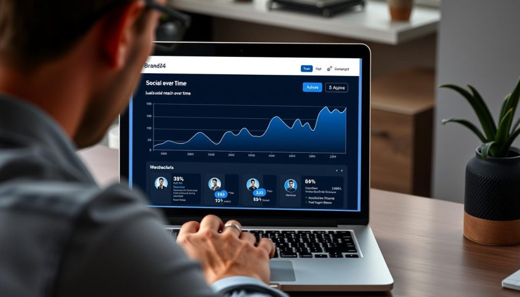 Generate an image of a professional using a laptop with Brand24's interface on the screen, showing a linear graph of social reach over time.