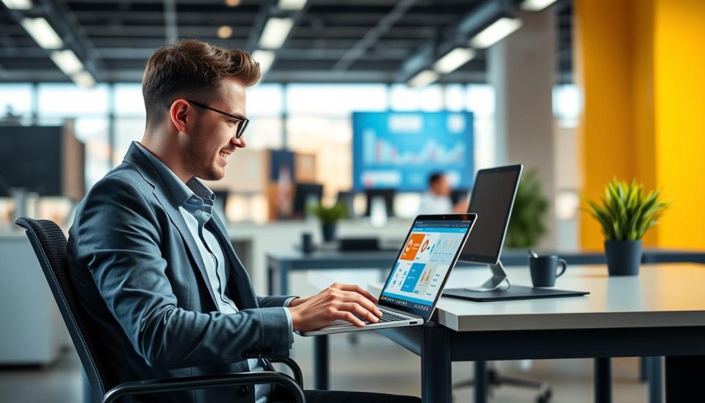 Generate an image of a professional using a laptop with various productivity and collaboration tools on the screen.