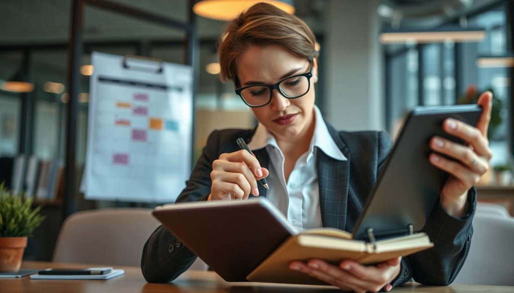 Generate an image of a professional using a planner and digital calendar to manage their time effectively.