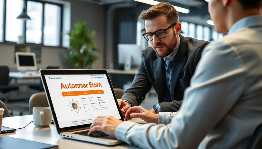 Generate an image of a professional using automation tools on a laptop for lead generation.