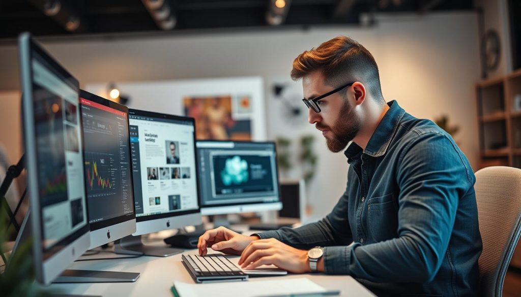 Generate an image of a professional web designer working on a website design project.