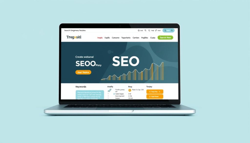 Generate an image of a professional website on a laptop screen with a search engine optimization (SEO) theme.
