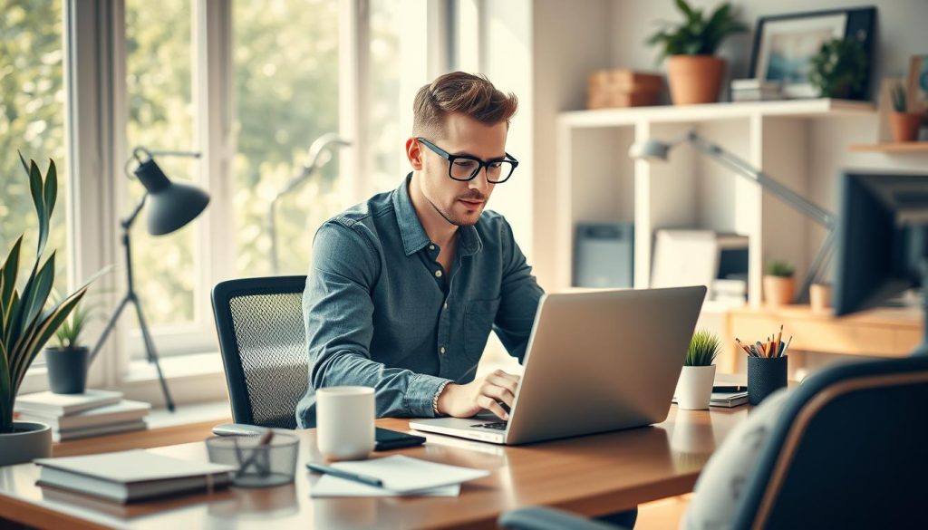 Generate an image of a professional working from a home office with a laptop and a comfortable workspace.