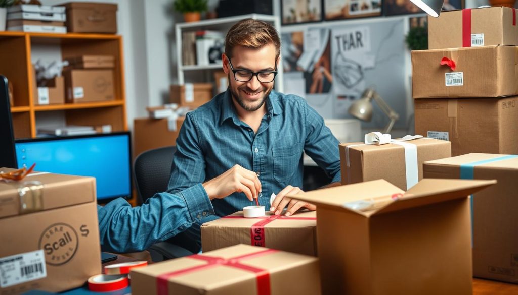 Generate an image of a seller packaging items for sale on online marketplaces.