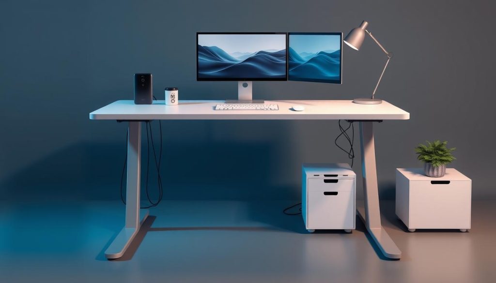 Generate an image of a standing desk with built-in cable management.