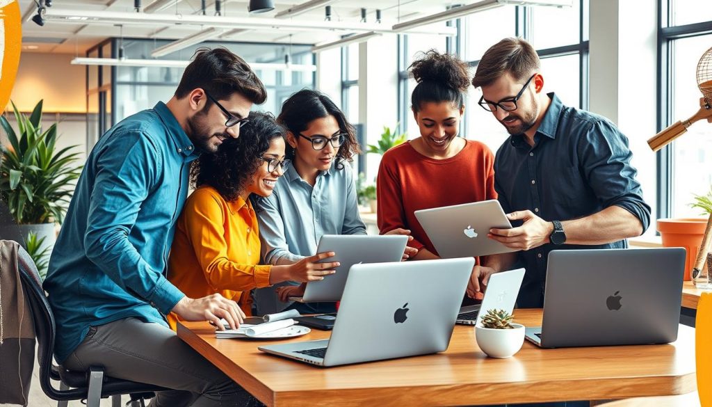 Generate an image of a team working on a web application development project
