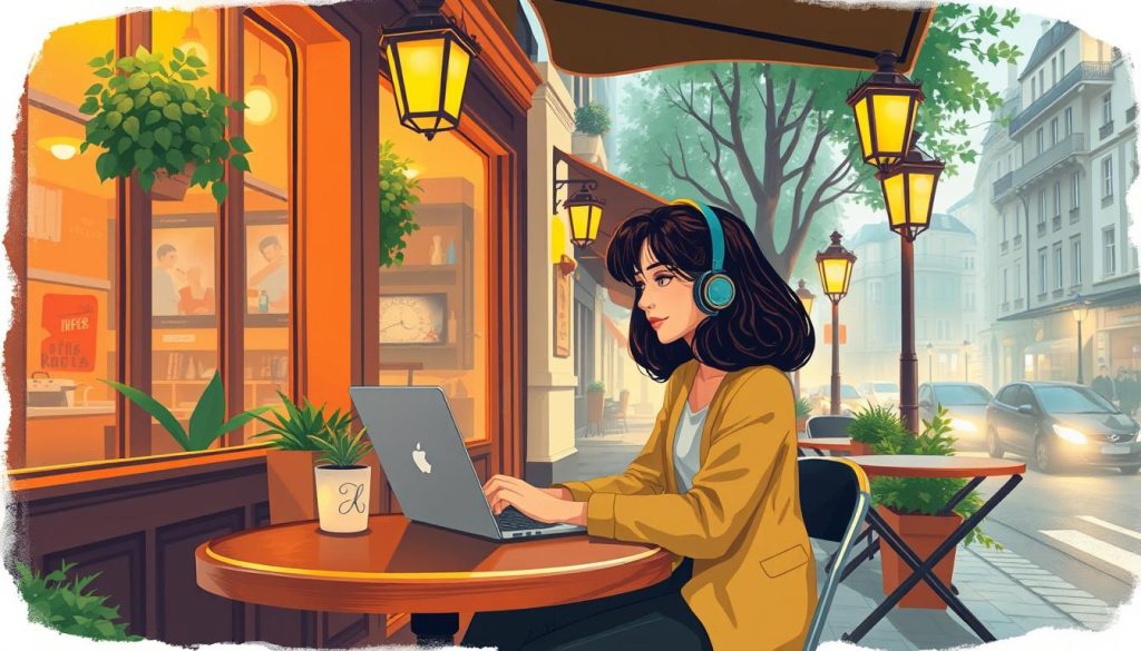 Generate an image of a tech professional working remotely from a French café.
