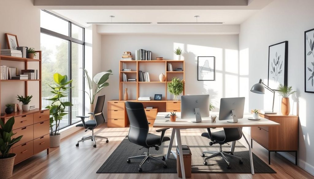 Generate an image of a well-organized home office with ergonomic furniture, good lighting, and minimal distractions.