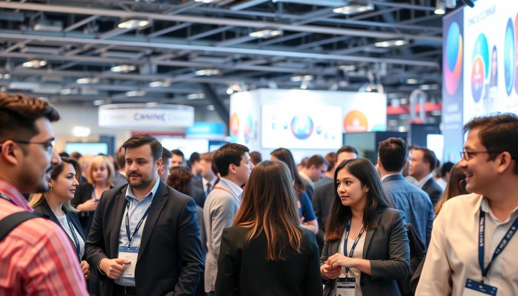 Generate an image of professionals attending an industry conference.