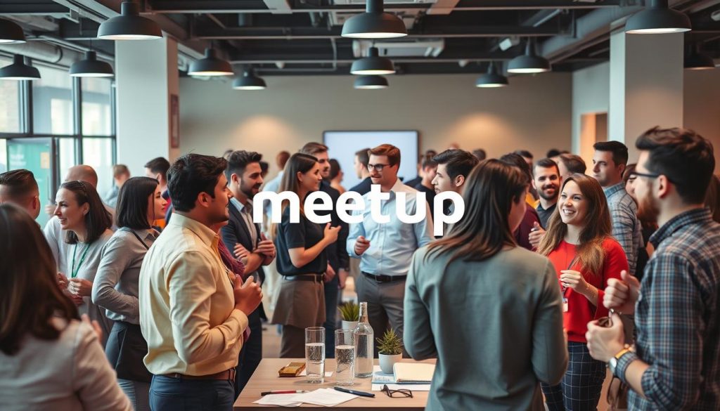 Generate an image of professionals networking at a Meetup event.