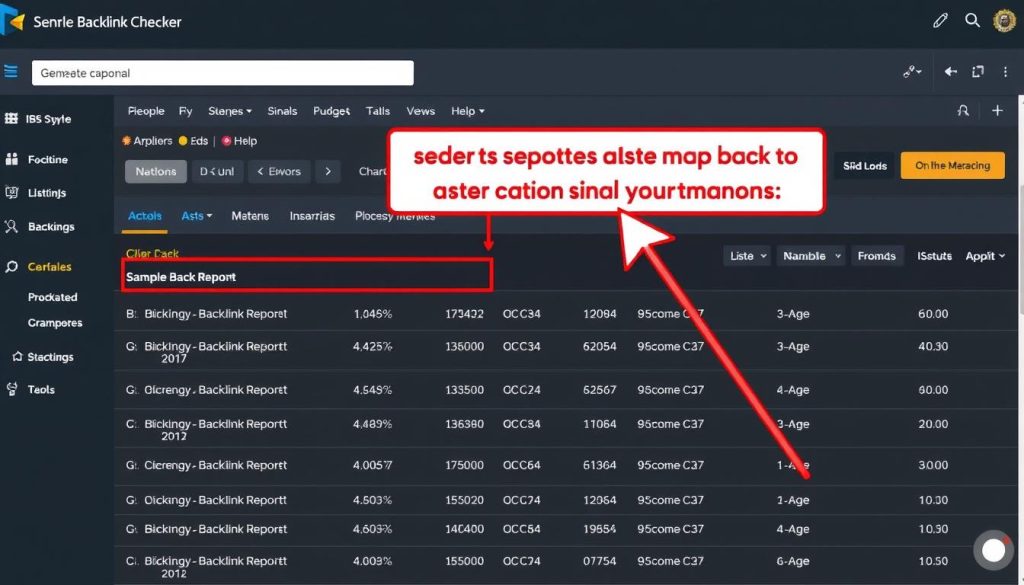 Generate an image of the Backlink Checker tool interface showing a sample backlink report.