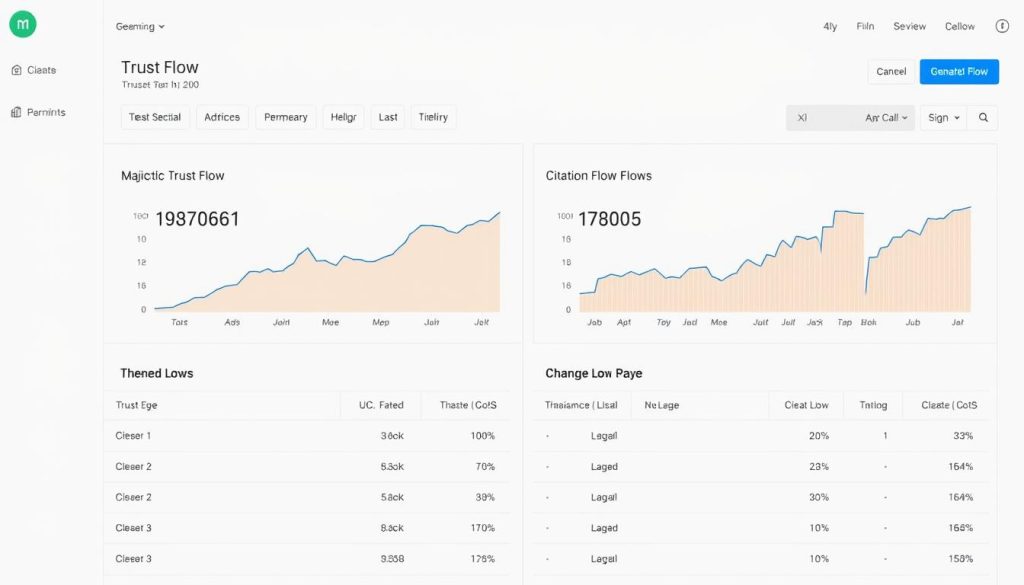 Generate an image of the Majestic SEO dashboard highlighting Trust Flow and Citation Flow metrics.