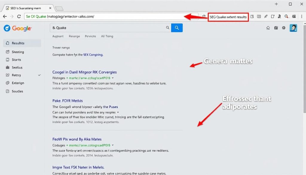 Generate an image of the SEO Quake browser extension in action, showing key metrics displayed in search results.