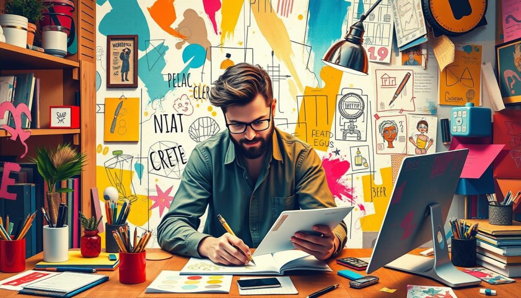 Generate an image representing a freelance designer working on a creative project.