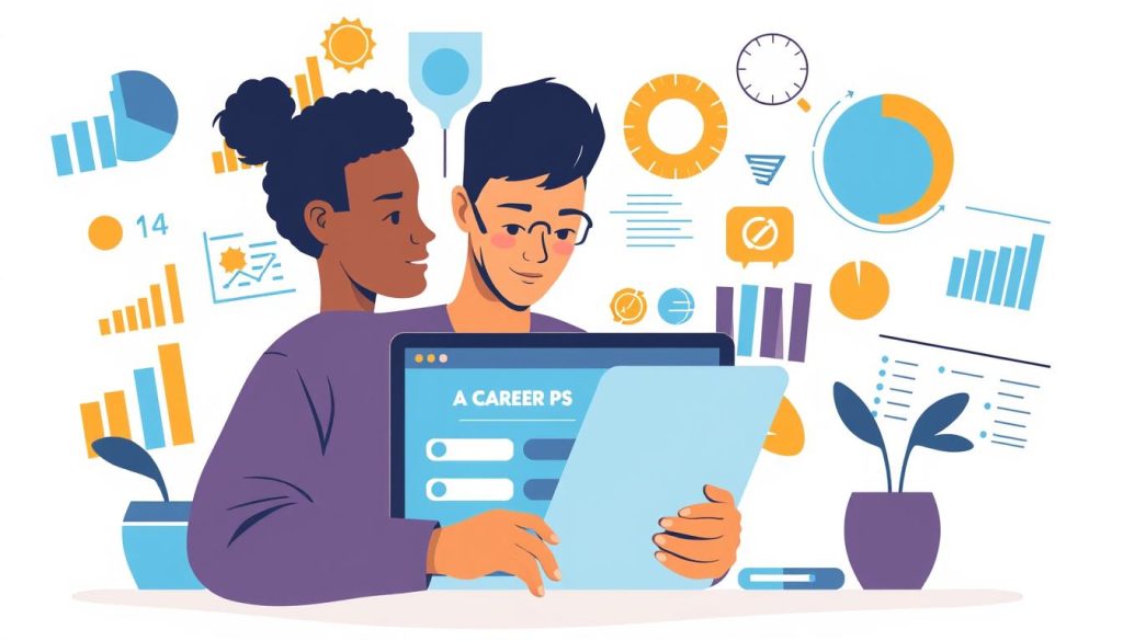 Generate an image representing career planning tools, such as a person using a career assessment quiz on a laptop.