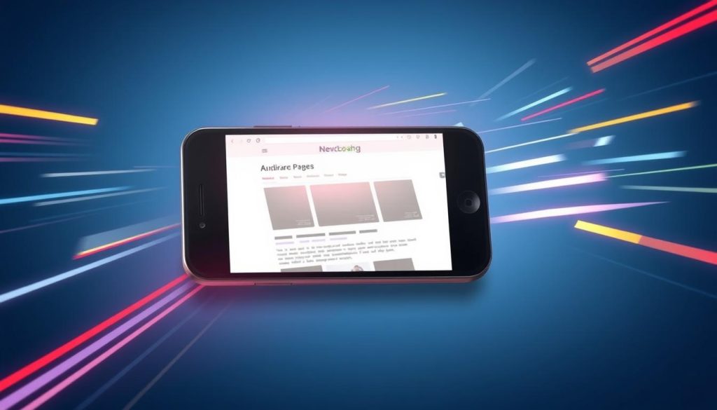 Generate an image representing the concept of Accelerated Mobile Pages (AMP) in action, showing a mobile device loading a webpage quickly.