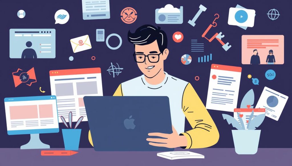 Generate image: A marketer creating engaging content on a laptop with various content types around.