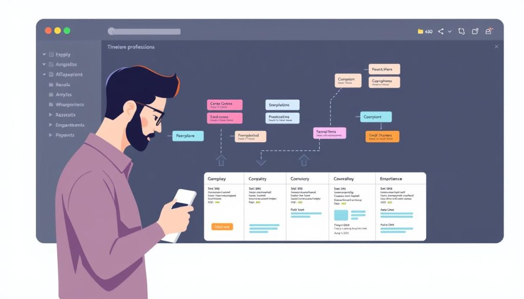 Générer une image représentant un indépendant en train d'analyser son workflow pour éliminer les gaspillages