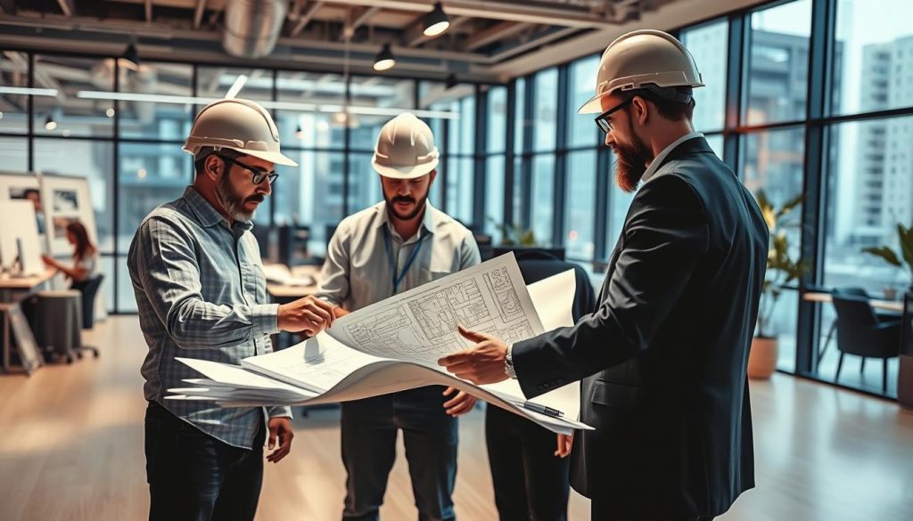 Générez une image d'architectes travaillant sur des plans de construction.