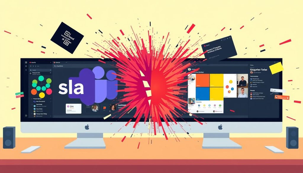 Générez une image de Slack et Microsoft Teams en action, montrant leur interface utilisateur et leurs fonctionnalités de collaboration.