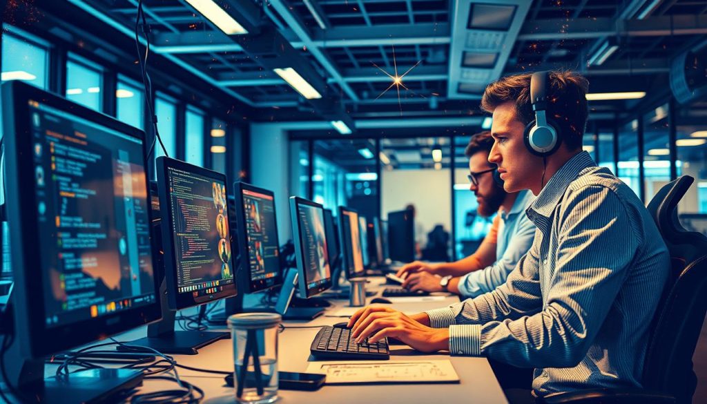Générez une image de professionnels IT travaillant sur des ordinateurs.