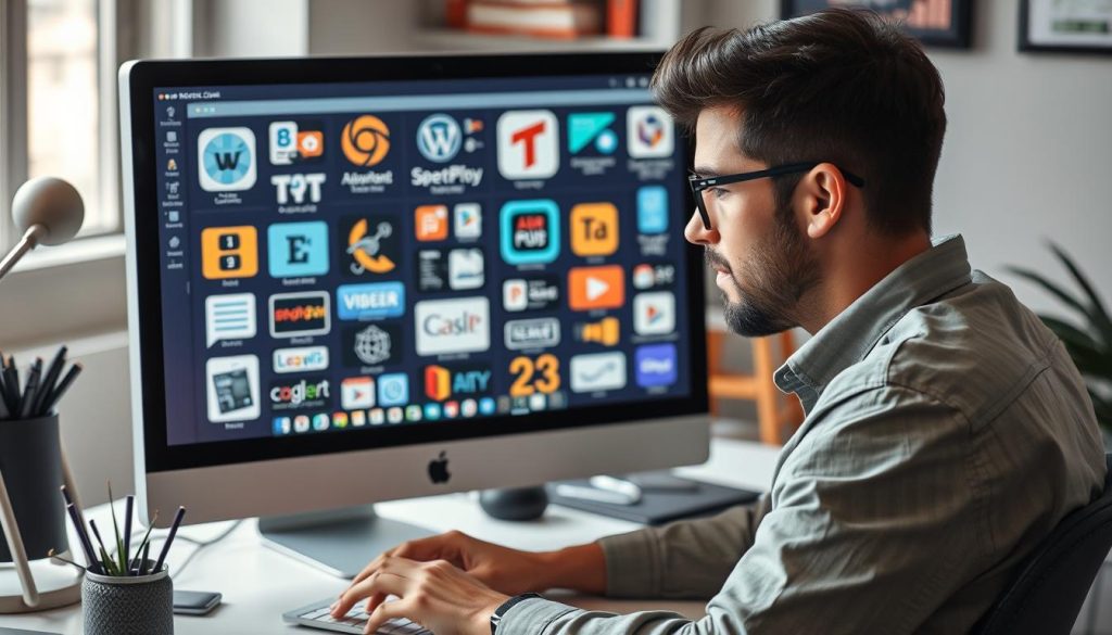 Générez une image d'un freelance travaillant sur un ordinateur avec divers outils numériques à l'écran