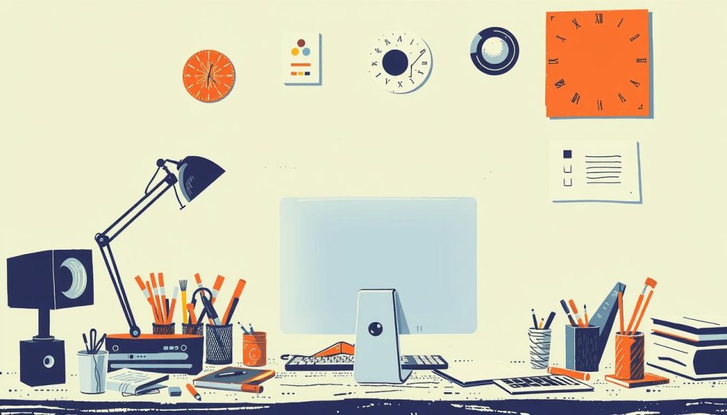 Générez une image d'un graphiste travaillant sur un ordinateur avec des outils de conception.