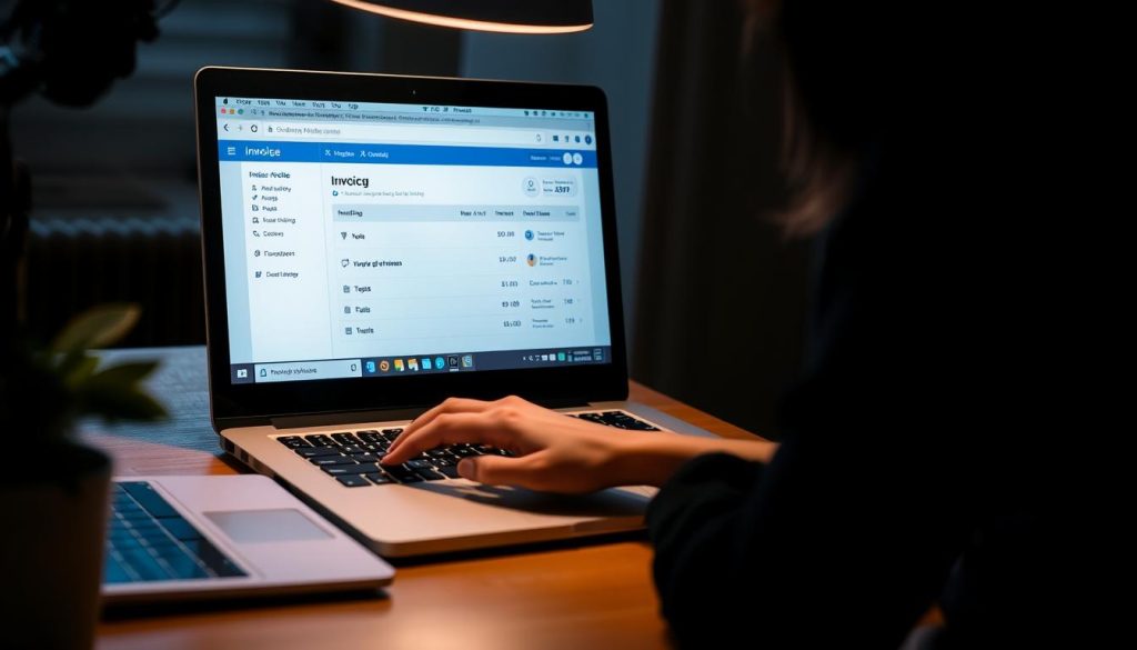 Générez une image d'un professionnel indépendant utilisant un ordinateur avec un logiciel de facturation à l'écran.