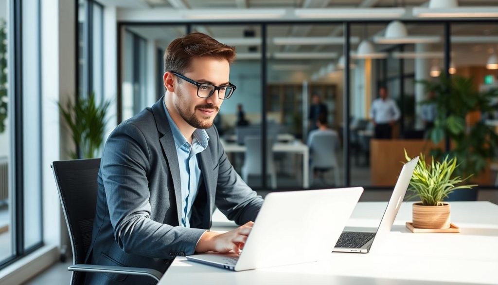 Générez une image représentant un consultant en portage salarial travaillant dans un environnement professionnel.