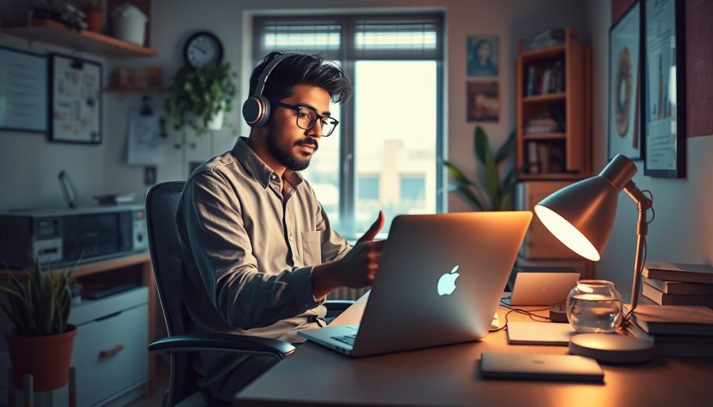 Générez une image représentant un freelance informatique travaillant dans un environnement de micro-entreprise.