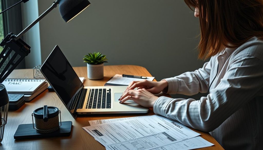 Générez une image représentant un freelance travaillant sur son ordinateur avec des documents fiscaux ouverts.
