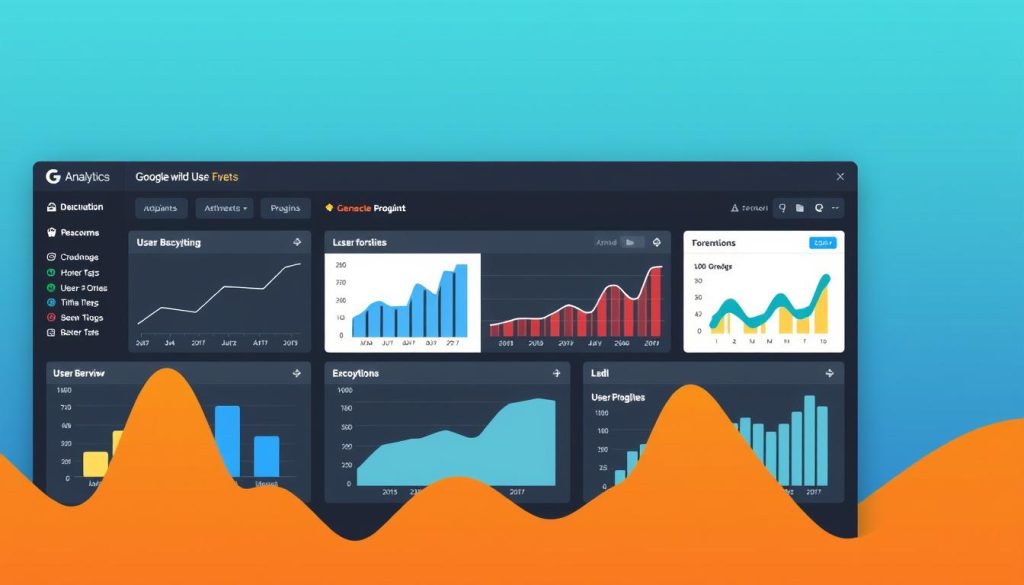 Générez une image représentant un tableau de bord Google Analytics avec des graphiques et des données sur le comportement des utilisateurs.