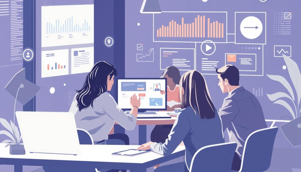 Générez une image représentant une équipe de projet utilisant des outils de collaboration
