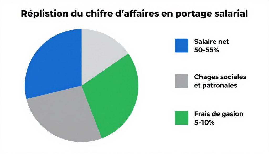 Graphique de répartition du chiffre d'affaires en portage salarial montrant la part du salaire net, des charges et des frais de gestion