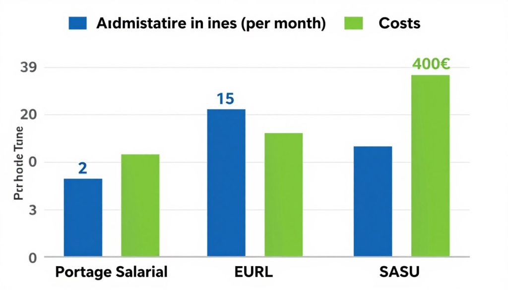 Graphique montrant la comparaison des coûts et du temps administratif entre le portage salarial, l'EURL et la SASU