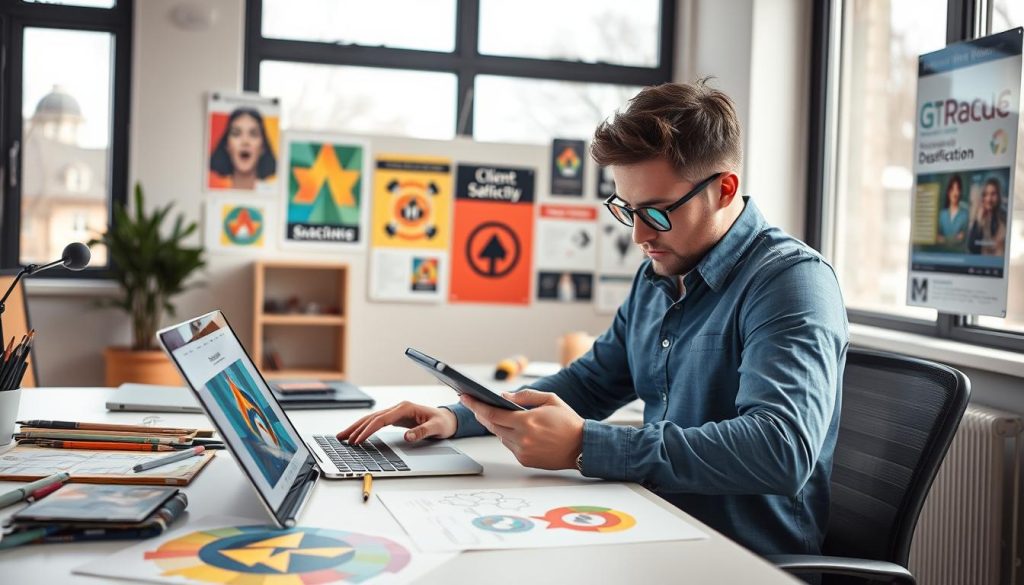 Graphiste reliant son expertise à l’impact client d’une identité visuelle