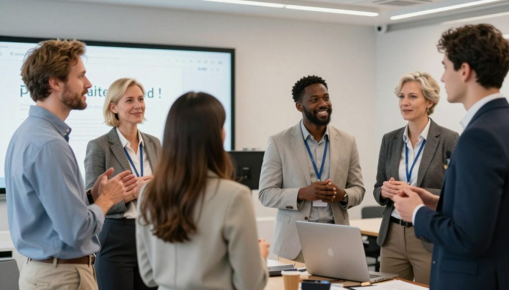 Groupe de consultants en portage salarial partageant leurs expériences lors d'un événement professionnel