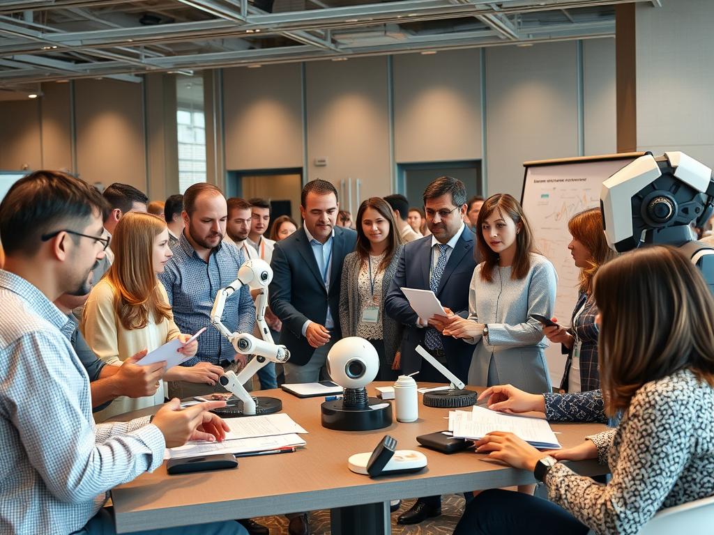 Groupe diversifié de chercheurs, entrepreneurs et décideurs politiques collaborant sur l'avenir des robots humanoïdes
